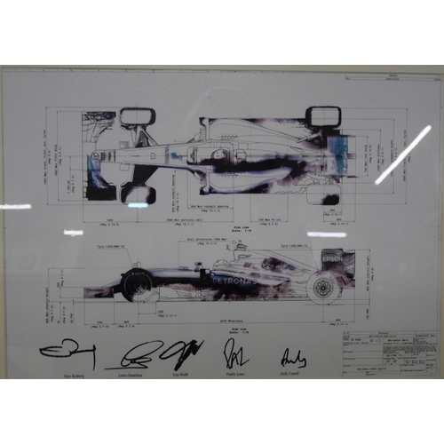 802 - Two prints, Formula 1 Mercedes-Benz diagrams, with team signatures including Hamilton, Rosberg, Bott... 