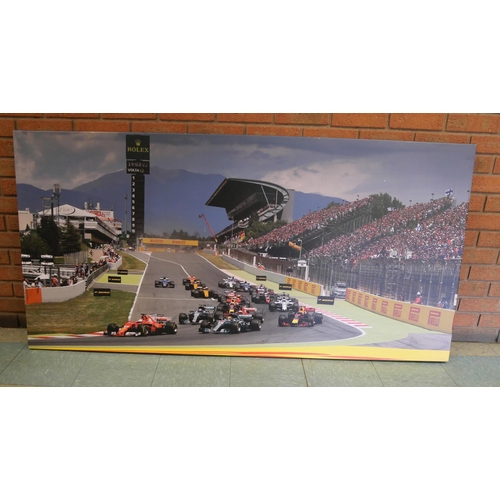 804 - A very large print on canvas, Spanish Formula 1 Grand Prix, first corner