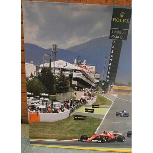 804 - A very large print on canvas, Spanish Formula 1 Grand Prix, first corner