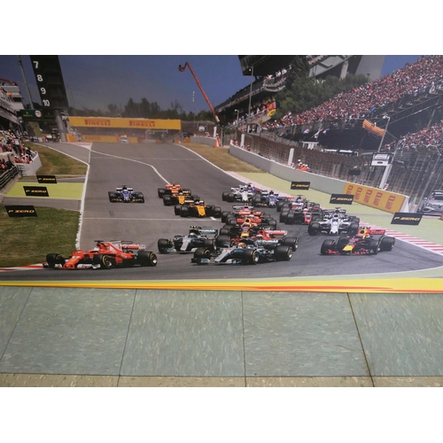 804 - A very large print on canvas, Spanish Formula 1 Grand Prix, first corner