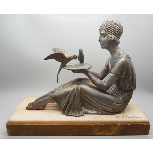 813 - After Demétre H Chiparus, jeune femme et perruches, (young woman with parakeets), gilt metal model o... 