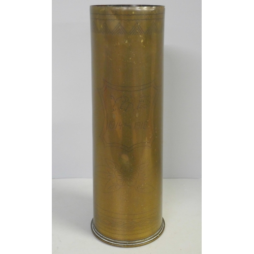 817 - A WWI trench art brass shell case, base dated 1916, Ypres, 1914-1918 engraving