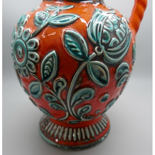 825 - A Bay Keramik vintage West German pottery orange vase, 63 25 backstamp with relief floral decoration... 