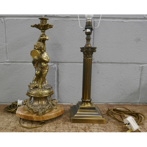 826 - A brass Corinthian column table lamp and a gilt brass Rococo style table lamp base