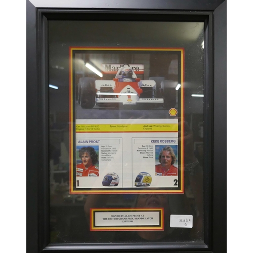 829 - Formula 1, McLaren, signed by Alain Prost, 1986 British Grand Prix, framed and mounted