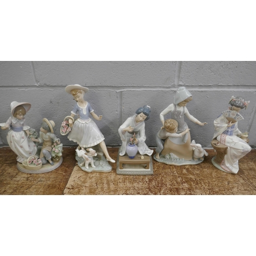 837 - Five Lladro figures; two Oriental, three young children figure groups, two a/f