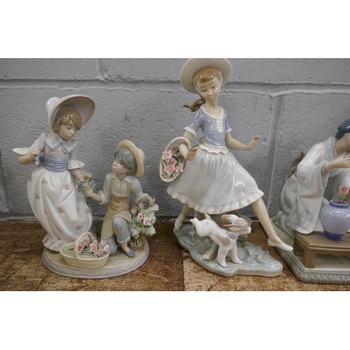 837 - Five Lladro figures; two Oriental, three young children figure groups, two a/f