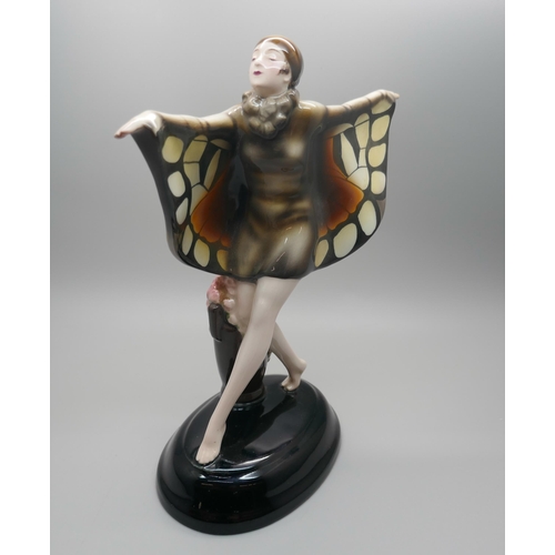 843 - An Art Deco Lorenzl Goldscheider ceramic figure, Butterfly Girl, printed mark and impressed numbers ... 