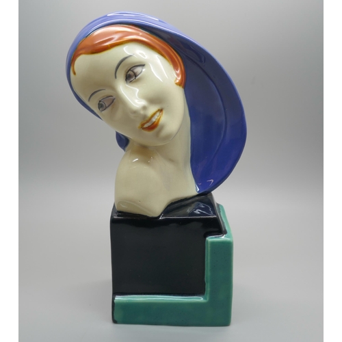 847 - A 1950s Art Deco Czechoslovakian ceramic sculpture of a lady, (head and shoulders), impressed mark E... 