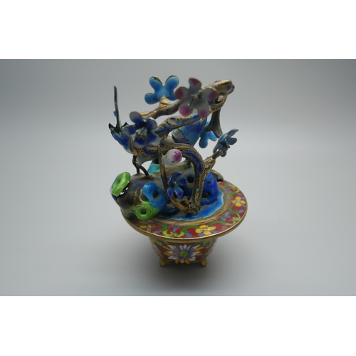 849 - A Chinese silver gilt and enamelled model of two birds by a prunus bush on a cloisonne jardiniere, 1... 