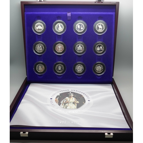 859 - A Royal Mint Coronation Anniversary 50p silver proof collection, 1953-2003, 12 coins, each 8g of 925... 