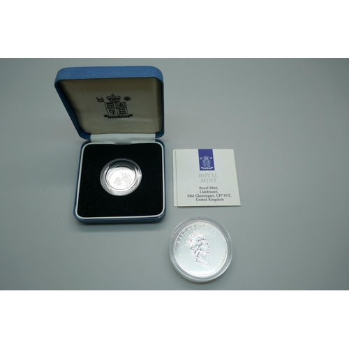 870 - A 1990 silver proof one pound coin and a 1995 9999 silver proof 1oz Maple 5 Dollars