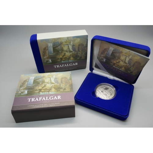 880 - Two The Royal Mint The Battle of Trafalgar UK 2005 silver proof commemorative crowns, boxed