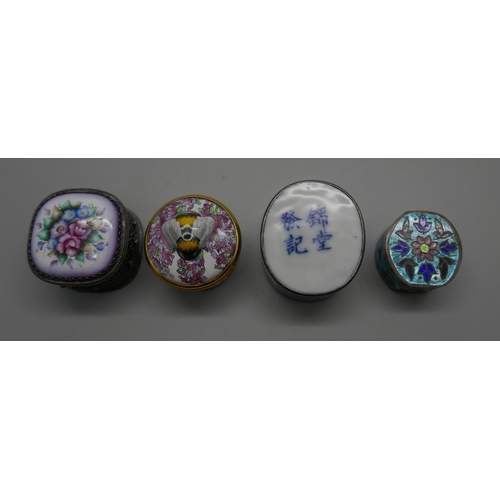 887 - Four enamelled trinket boxes including one by Halcyon Days, a silver oriental example, one blue enam... 