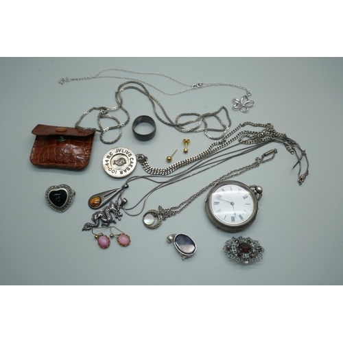 901 - A silver pocket watch, silver jewellery including four pendants, ring, brooch, etc.