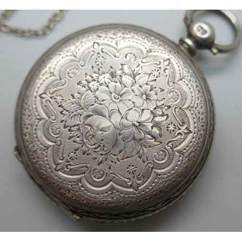 901 - A silver pocket watch, silver jewellery including four pendants, ring, brooch, etc.