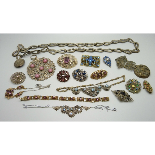 945 - A collection of Czech costume jewellery and a belt, some stones lacking