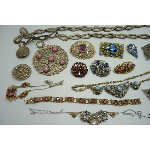 945 - A collection of Czech costume jewellery and a belt, some stones lacking