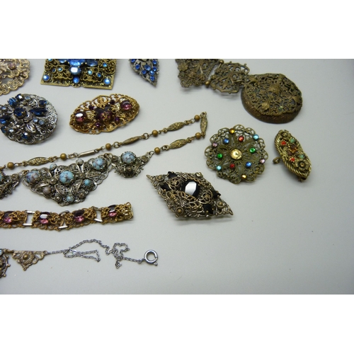 945 - A collection of Czech costume jewellery and a belt, some stones lacking