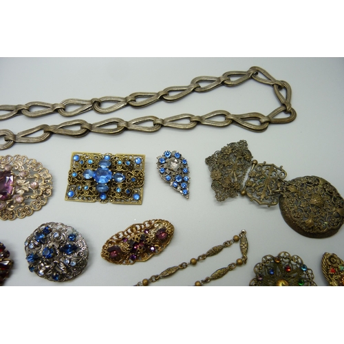 945 - A collection of Czech costume jewellery and a belt, some stones lacking