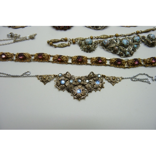 945 - A collection of Czech costume jewellery and a belt, some stones lacking