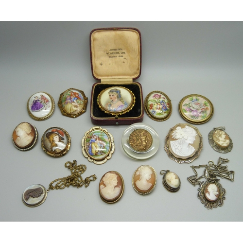 948 - Brooches including a Limoges plaque, cameo brooches, pendants, etc.