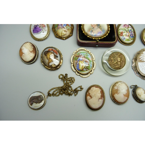 948 - Brooches including a Limoges plaque, cameo brooches, pendants, etc.