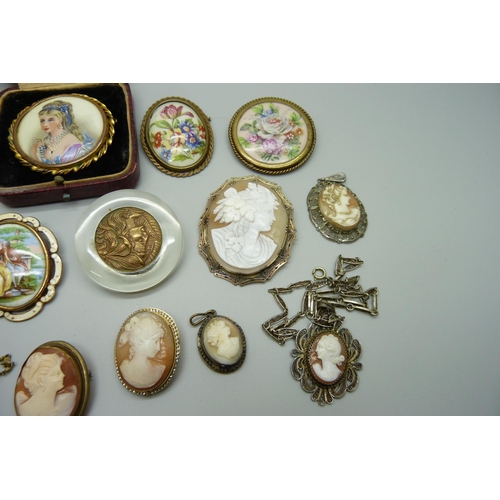 948 - Brooches including a Limoges plaque, cameo brooches, pendants, etc.