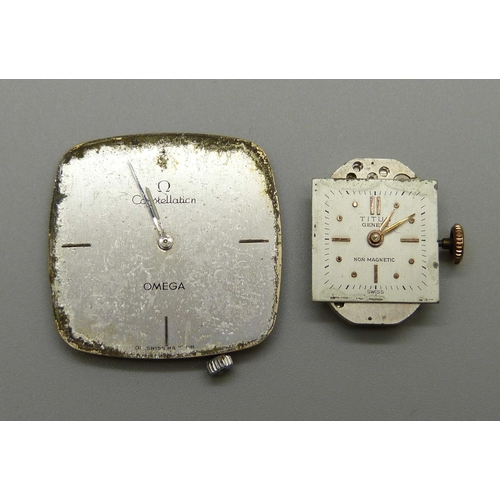 950 - An Omega Constellation wristwatch movement and dial and a Titus movement and dial