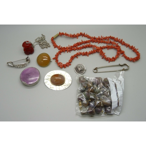 952 - A collection of silver and other jewellery including a coral necklace, guilloche enamel pot, a/f, et... 