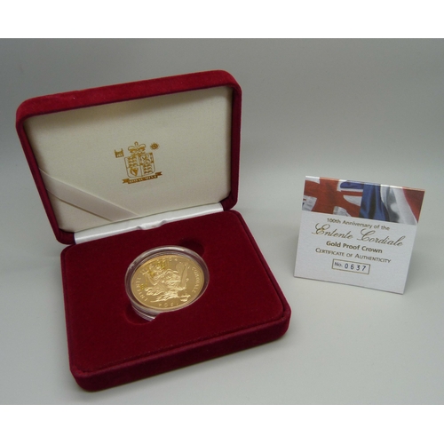 962B - A Royal Mint 100th Anniversary of the Entente Cordiale Gold Proof Crown, No. 0637, 22ct gold, 39.94g... 