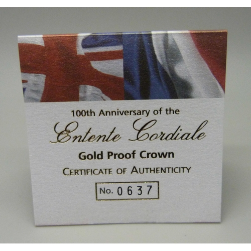 962B - A Royal Mint 100th Anniversary of the Entente Cordiale Gold Proof Crown, No. 0637, 22ct gold, 39.94g... 