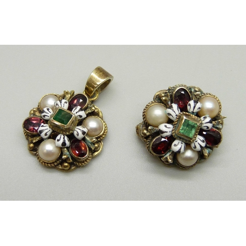 972 - A silver gilt pendant and brooch, both set witih gemstones and pearls, (unmarked but test as silver)