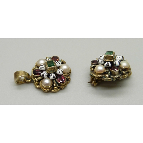 972 - A silver gilt pendant and brooch, both set witih gemstones and pearls, (unmarked but test as silver)