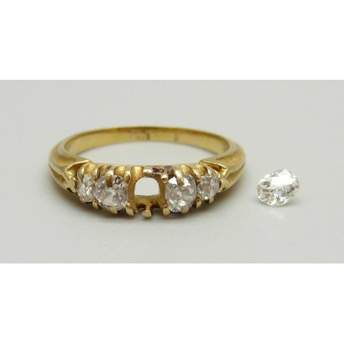 976 - A yellow metal five stone diamond ring, approximately 1ct diamond weight, one requires resetting, te... 