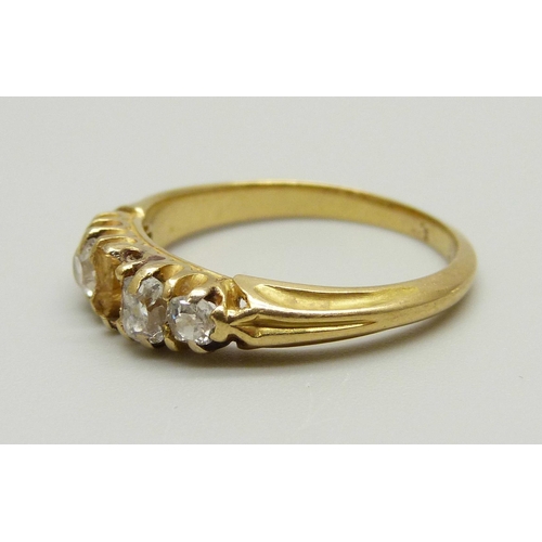 976 - A yellow metal five stone diamond ring, approximately 1ct diamond weight, one requires resetting, te... 