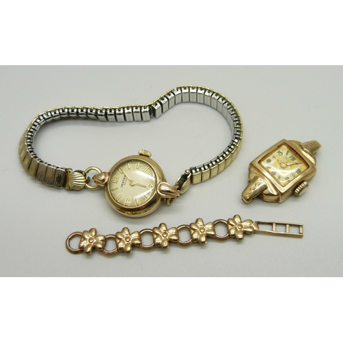 978 - two lady's 9ct gold wristwatch heads, Vertex and Avia, one on an expanding bracelet