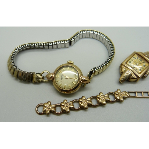 978 - two lady's 9ct gold wristwatch heads, Vertex and Avia, one on an expanding bracelet