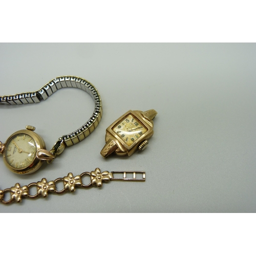 978 - two lady's 9ct gold wristwatch heads, Vertex and Avia, one on an expanding bracelet