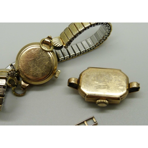 978 - two lady's 9ct gold wristwatch heads, Vertex and Avia, one on an expanding bracelet