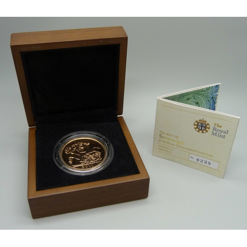 983A - The Royal Mint The 2011 Sovereign £5 Brilliant Uncirculated Gold Coin, No. 0238, cased