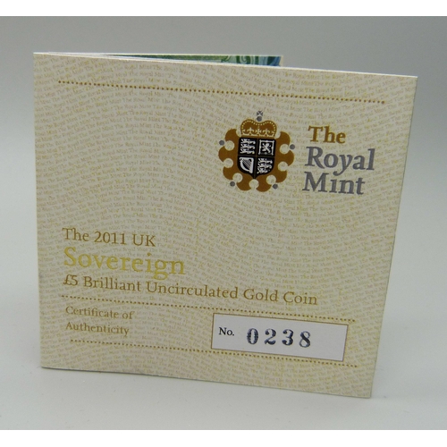 983A - The Royal Mint The 2011 Sovereign £5 Brilliant Uncirculated Gold Coin, No. 0238, cased