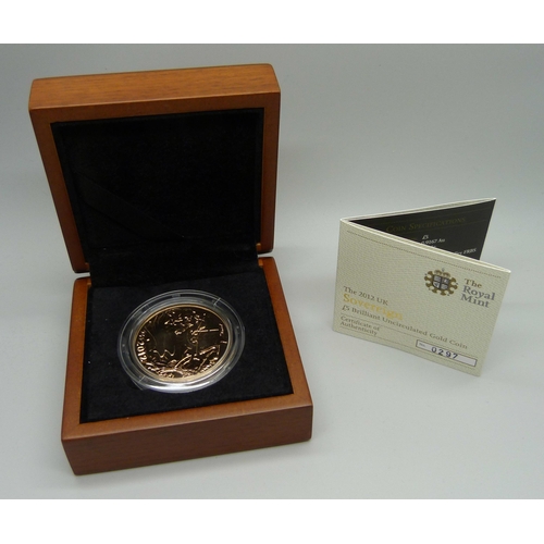 983B - The Royal Mint The 2012 Sovereign £5 Brilliant Uncirculated Gold Coin, No. 0297, cased