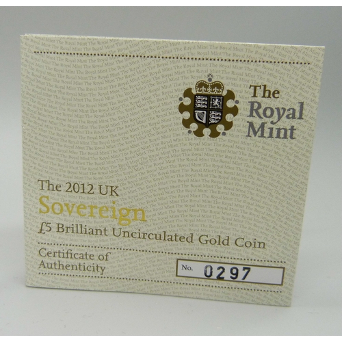 983B - The Royal Mint The 2012 Sovereign £5 Brilliant Uncirculated Gold Coin, No. 0297, cased