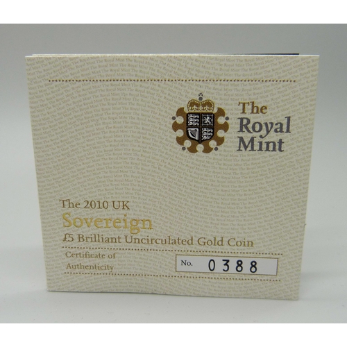 983C - The Royal Mint The 2010 Sovereign £5 Brilliant Uncirculated Gold Coin, No. 0388, cased