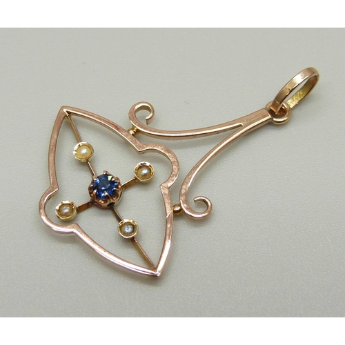 988 - An Edwardian 9ct gold, blue stone and pearl pendant, marked 9ct on loop, 1.4g, 24mm wide