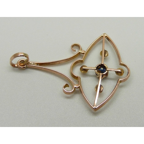 988 - An Edwardian 9ct gold, blue stone and pearl pendant, marked 9ct on loop, 1.4g, 24mm wide