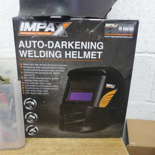 2029 - An Impax auto darkening welding mask and two boxes of various hand tools including screwdrivers, fil... 