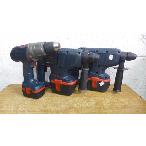 2067 - Two Bosch GBH 24v SDS breaker drills with 4 batteries and a Bosch GSB 14.4 VE-2 Pro with 2 batteries... 