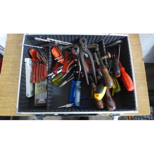 2075 - A case of assorted hand tools including screwdrivers, drill bits, tin snips, etc.